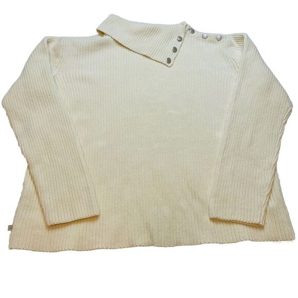 Vintage Lauren Ralph Lauren Sweater Womens M Ivory Rib Knit Split Turtleneck - Picture 1 of 8